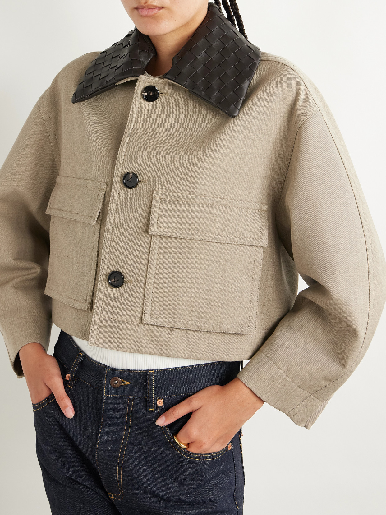 Bottega Veneta Cropped Intrecciato Leather-trimmed Wool-twill Jacket In Neutral