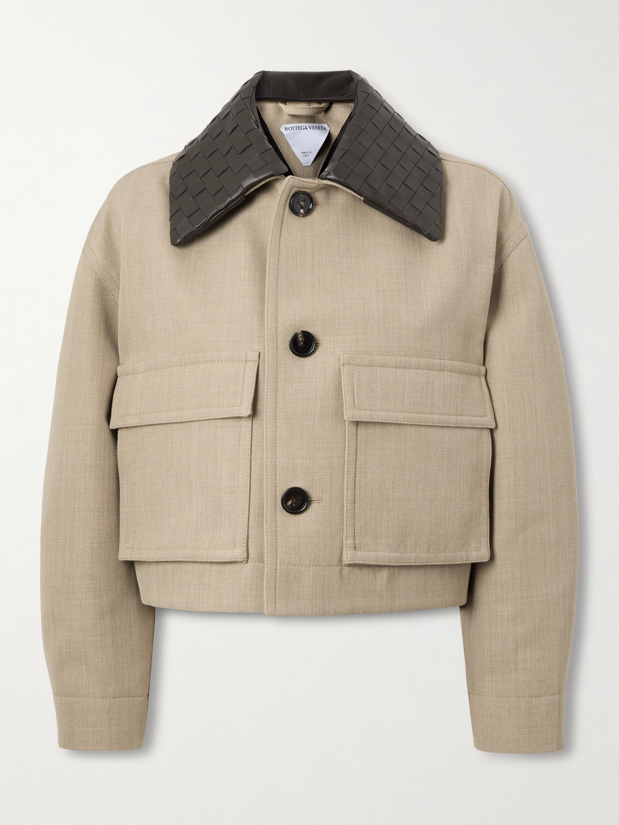 Bottega Veneta Cropped Intrecciato Leather-trimmed Wool-twill Jacket In Neutral