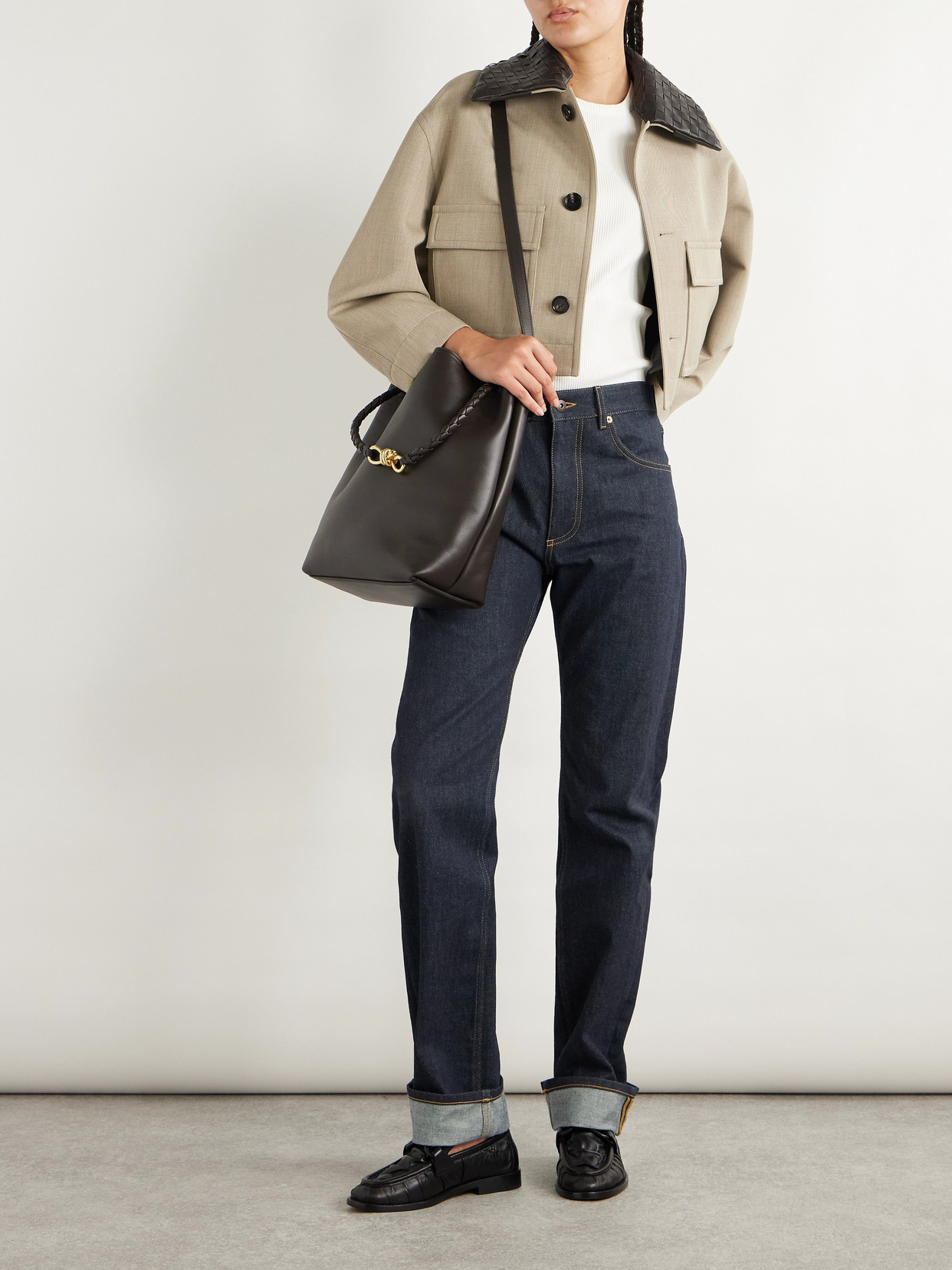 Bottega Veneta Cropped Intrecciato Leather-trimmed Wool-twill Jacket In Neutral