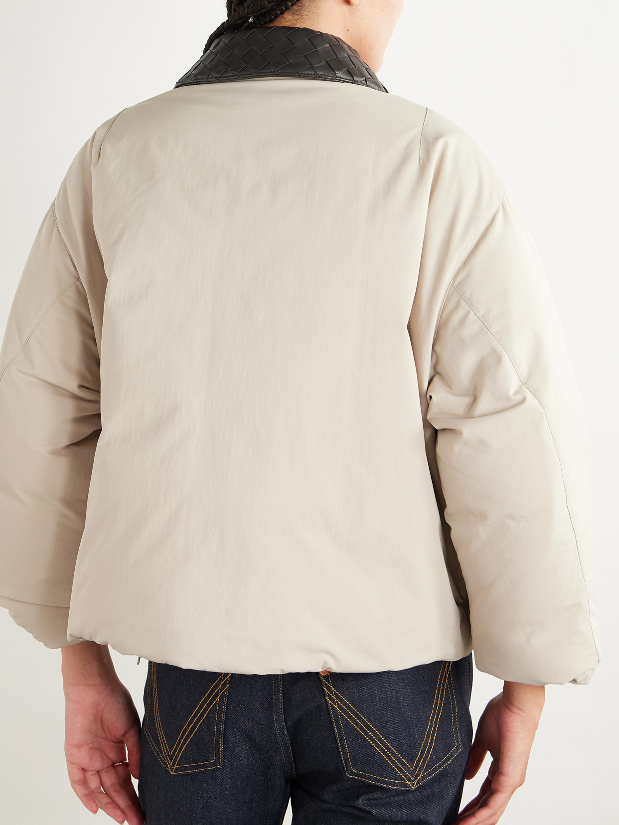 Bottega Veneta Intrecciato Leather-trimmed Recycled-shell Down Jacket In Neutral