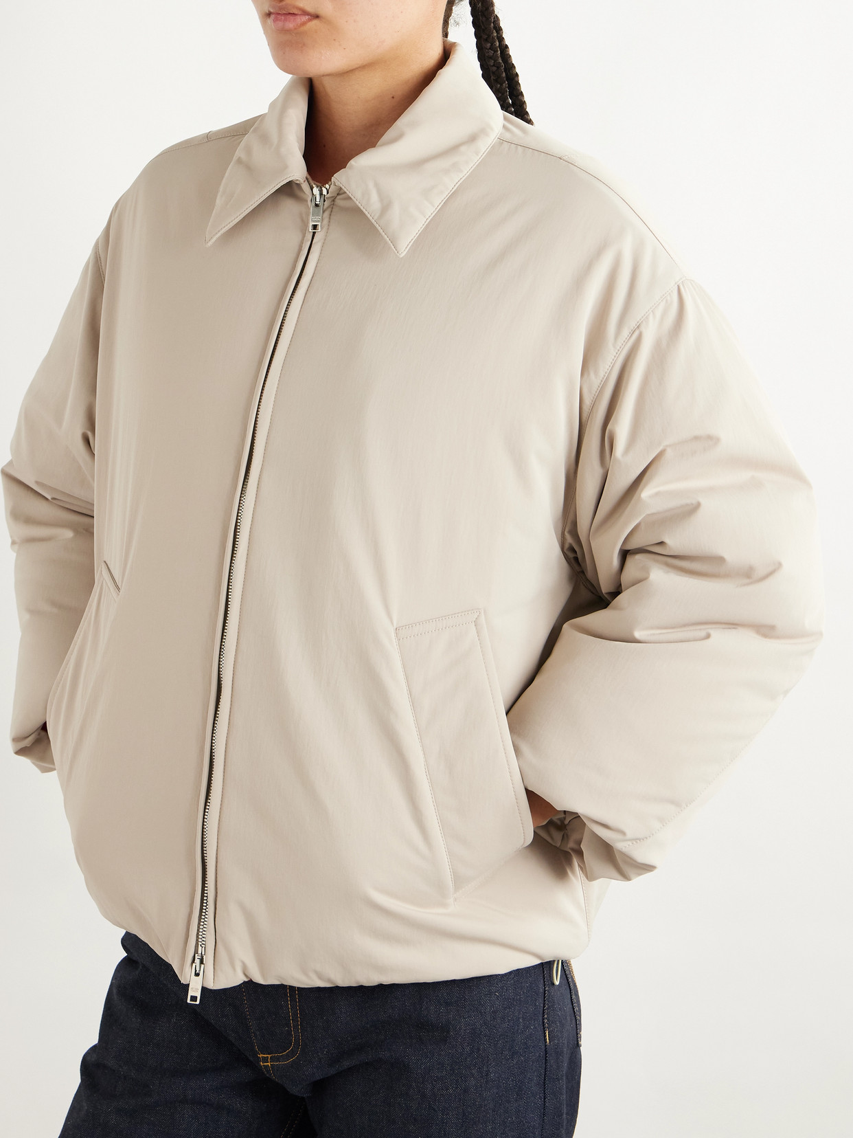 Bottega Veneta Intrecciato Leather-trimmed Recycled-shell Down Jacket In Neutral