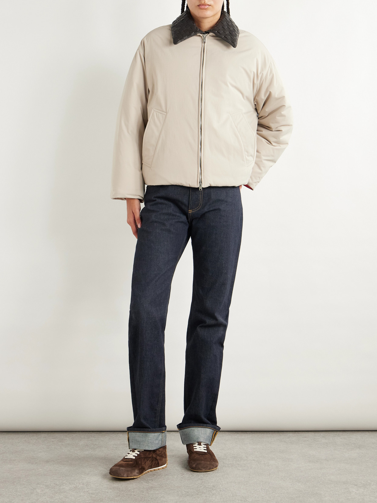 Bottega Veneta Intrecciato Leather-trimmed Recycled-shell Down Jacket In Neutral