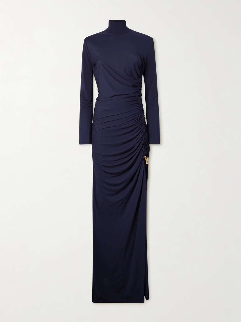 Bottega Veneta Embellished Ruched Jersey Turtleneck Maxi Dress