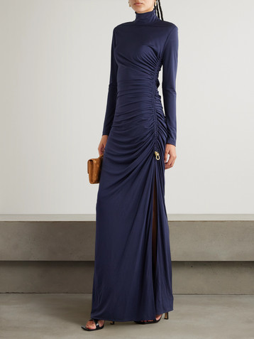 Bottega Veneta Embellished ruched jersey turtleneck maxi dress