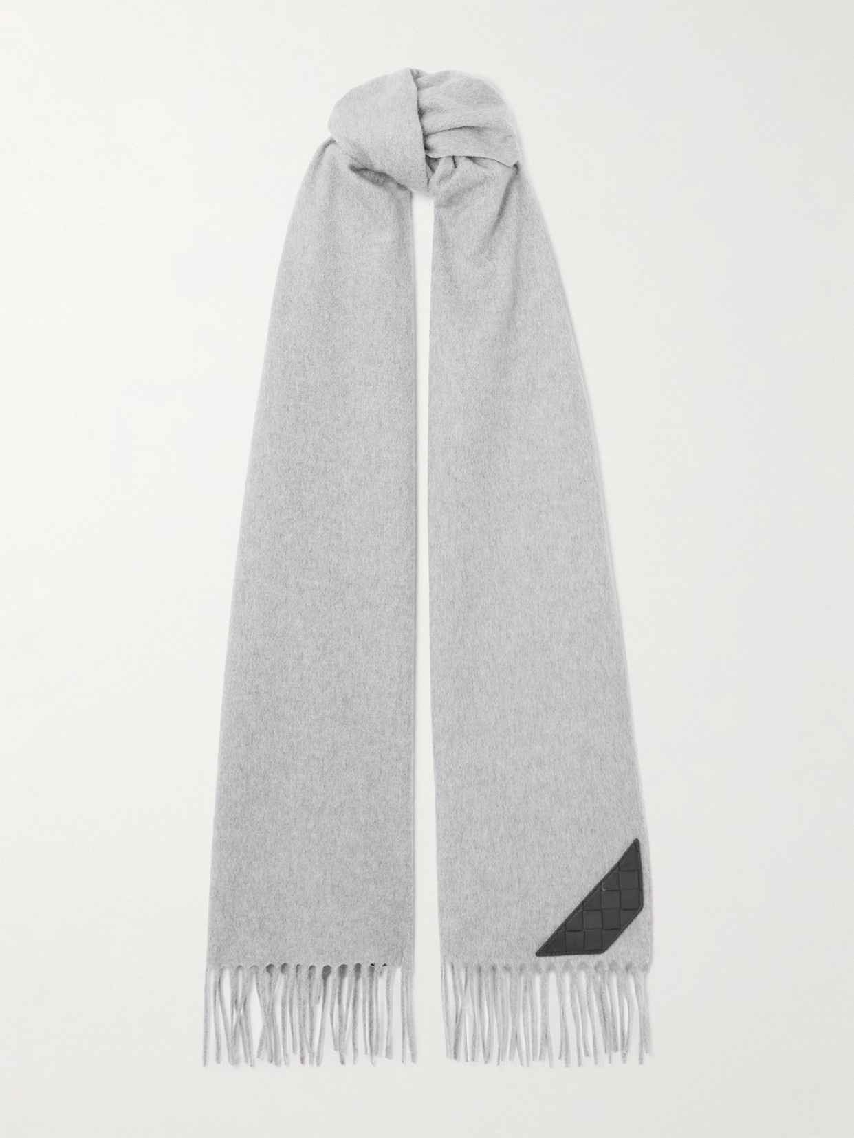 Bottega Veneta Intrecciato Leather-trimmed Fringed Cashmere Scarf In Gray