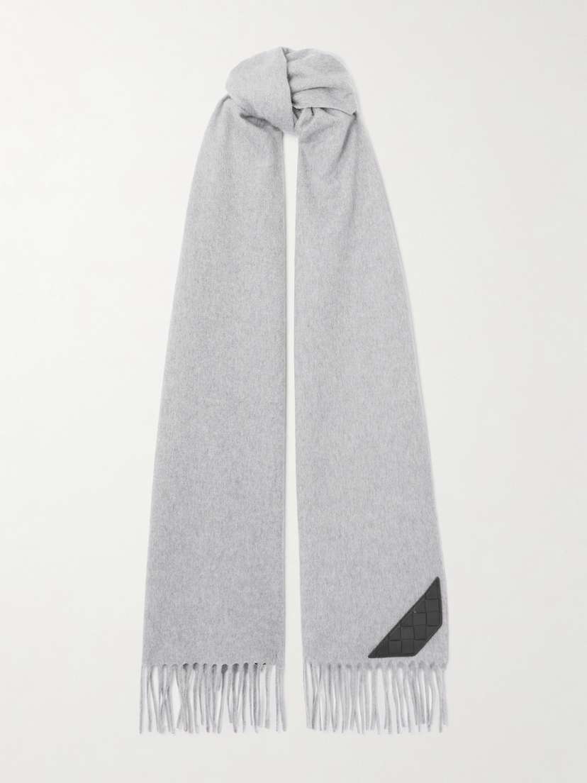 Bottega Veneta Intrecciato Leather-trimmed Fringed Cashmere Scarf