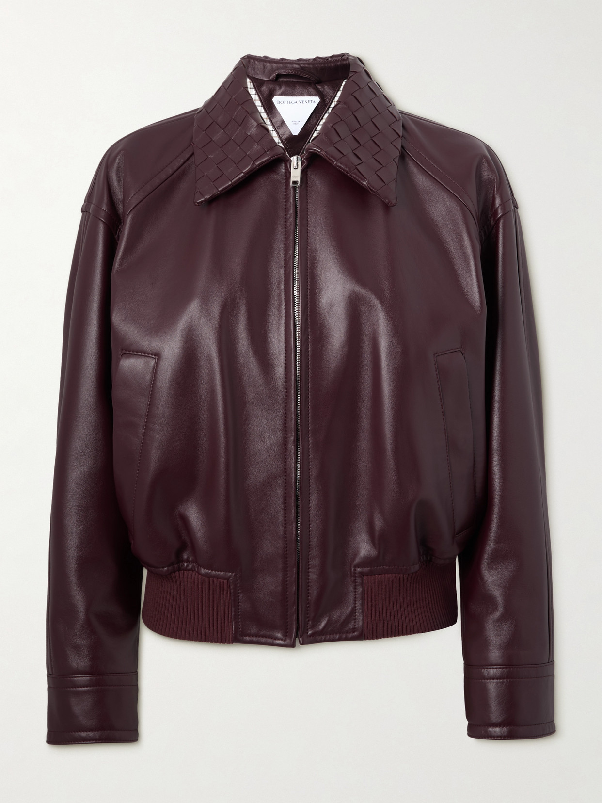 Bottega Veneta Women Bordeaux Crop Jacket With Intreccio Motif Collar And Dropped Shoulders In Leath In Brown