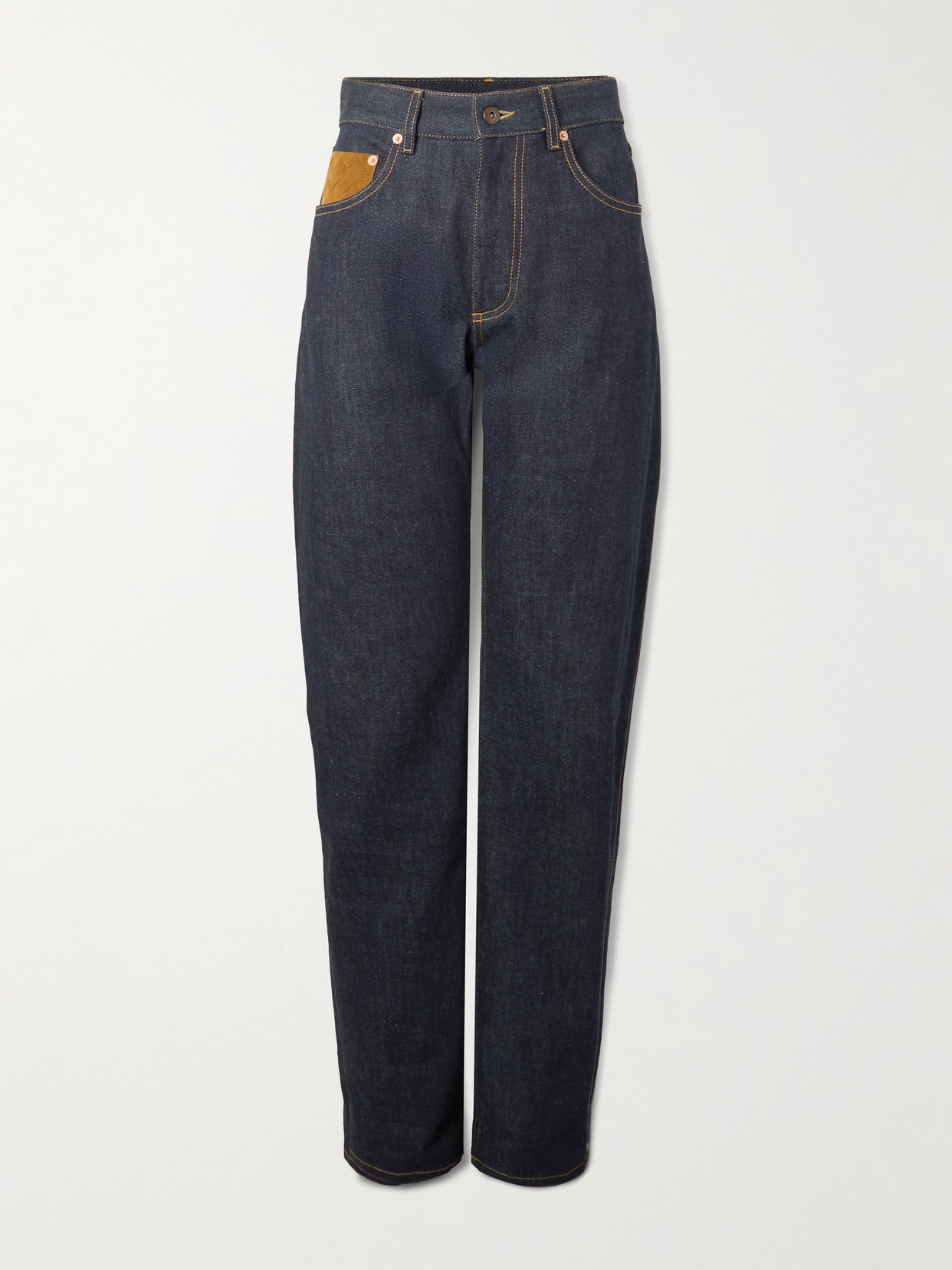 Bottega Veneta Intrecciato Suede-trimmed High-rise Straight-leg Jeans In Blue