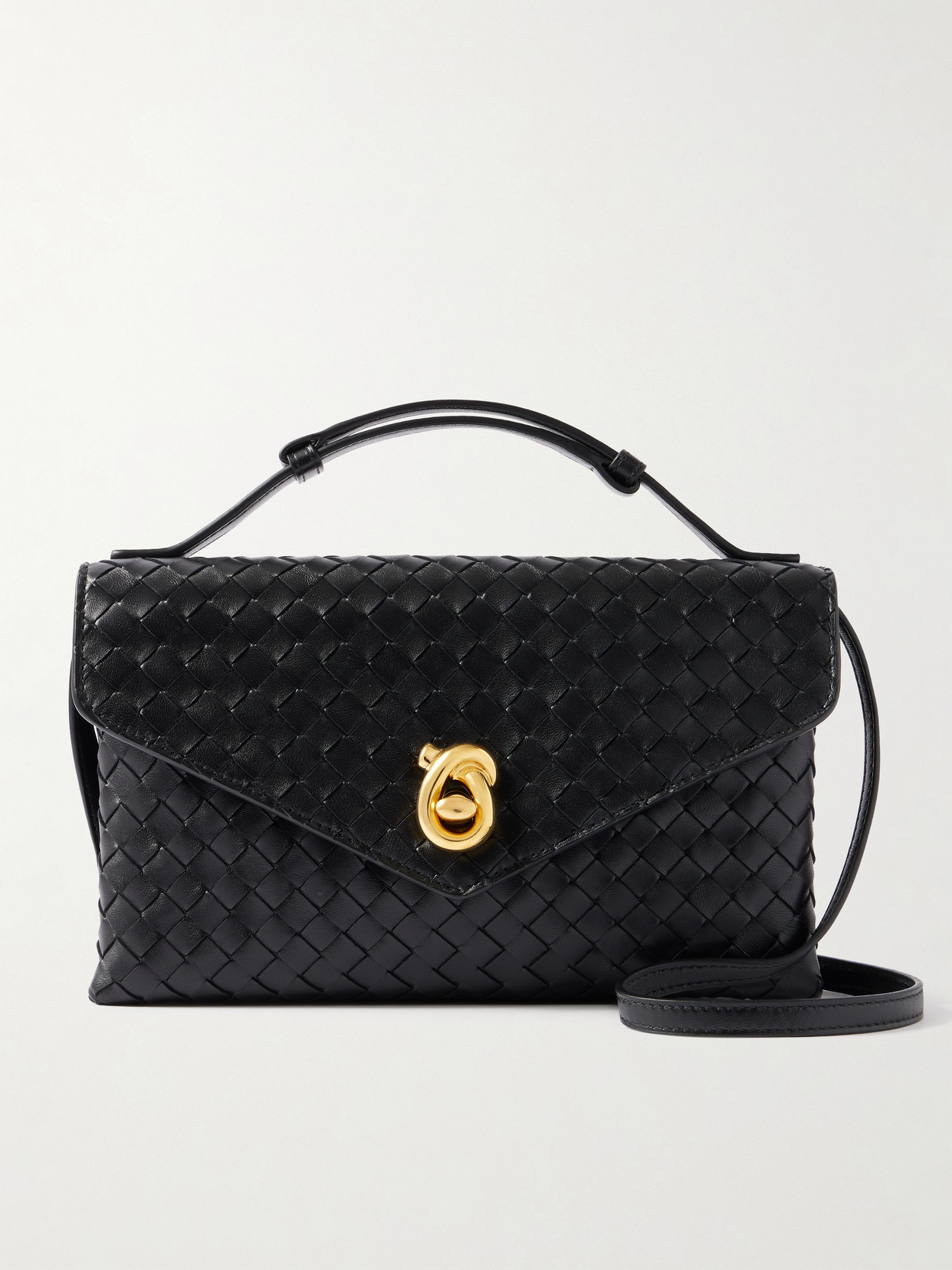 Bottega Veneta Knot Lock Medium Intrecciato Leather Shoulder Bag In Black