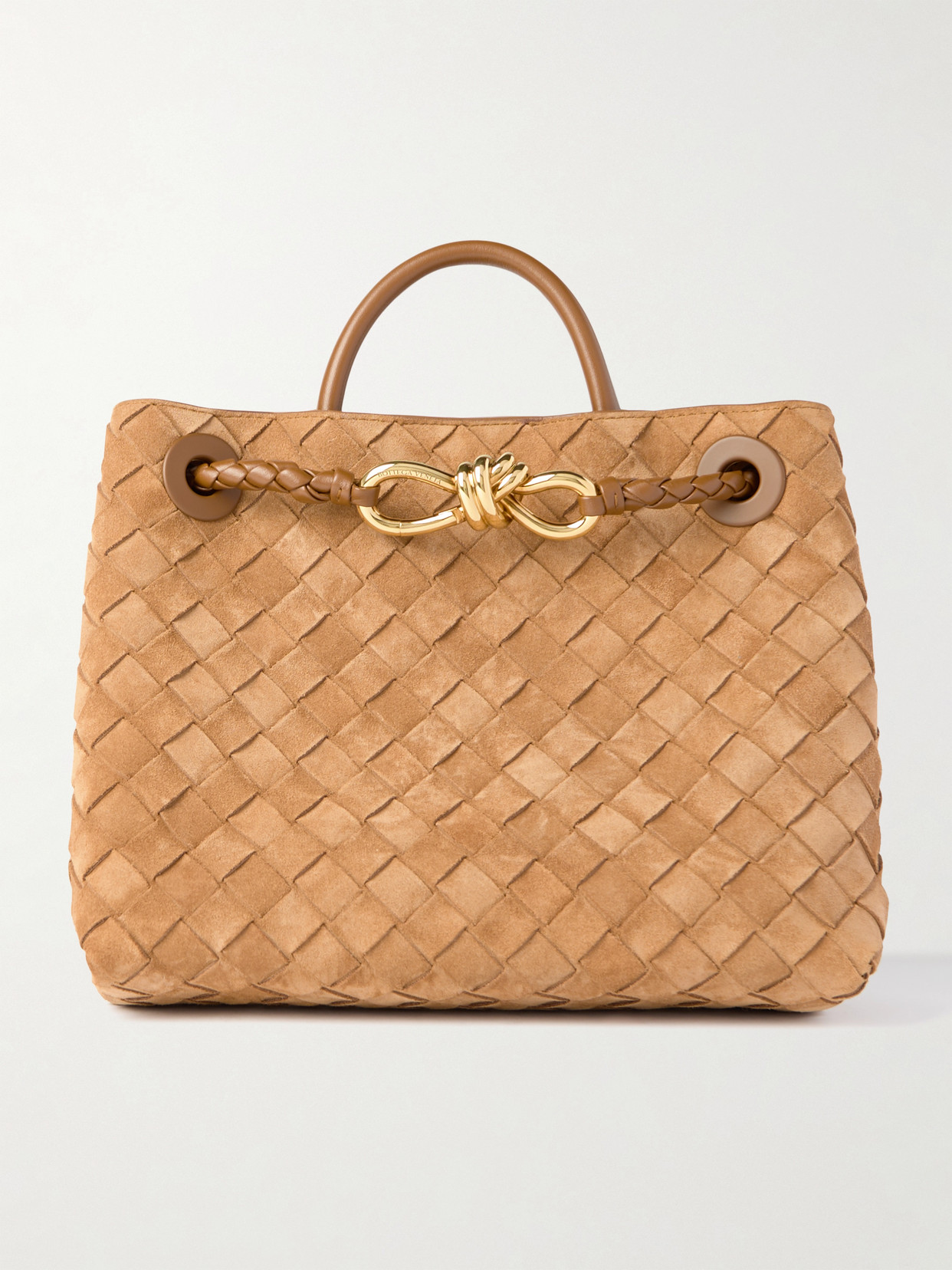 Bottega Veneta Andiamo Small Intrecciato Suede Tote In Brown
