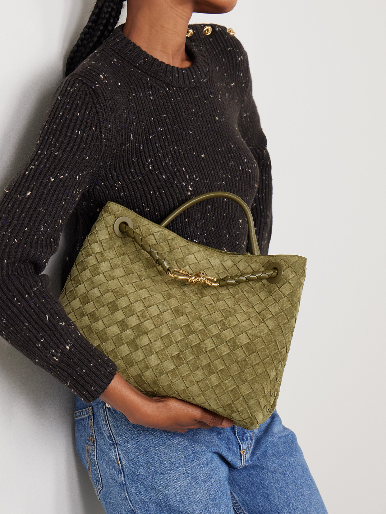Andiamo Medium Leather-Trimmed Intrecciato Suede Tote