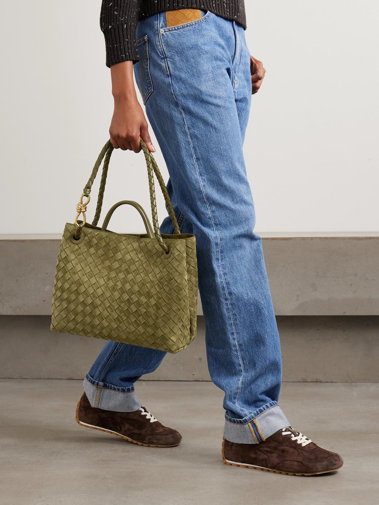 Andiamo Medium Leather-Trimmed Intrecciato Suede Tote