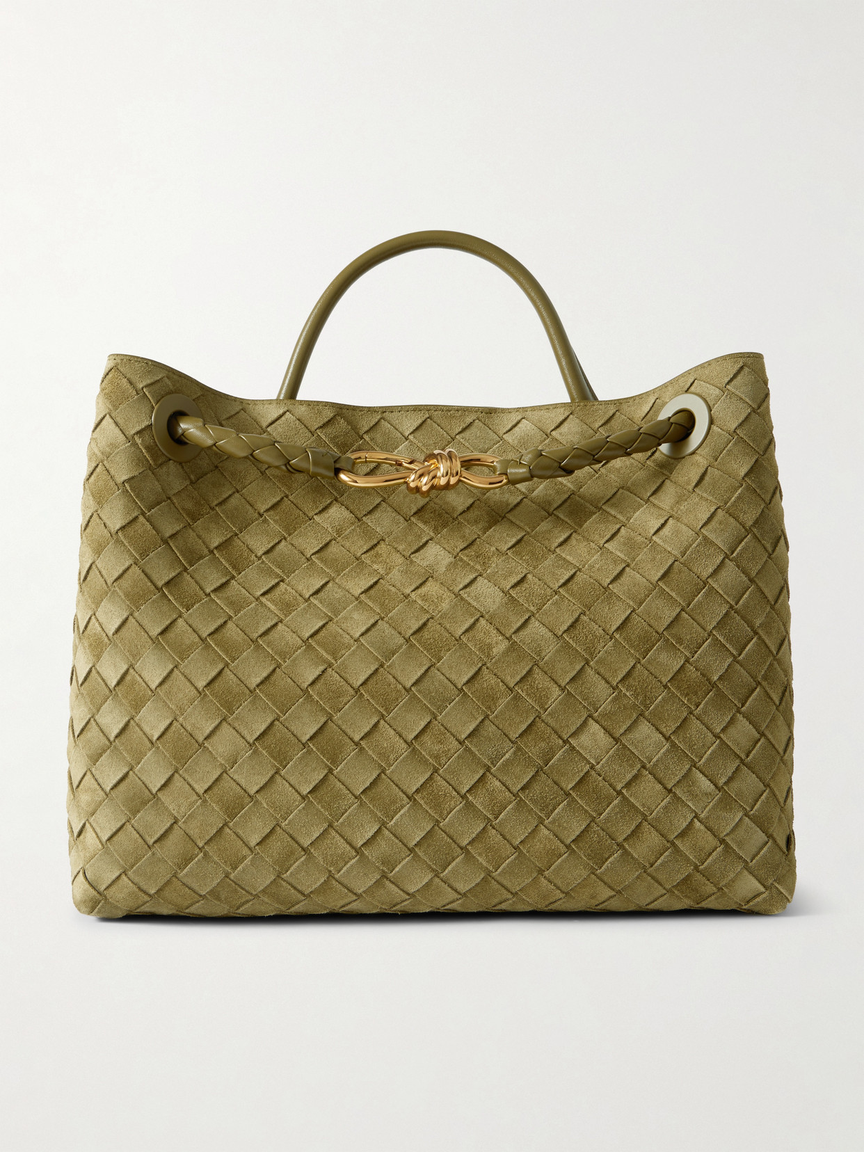 Bottega Veneta Andiamo Medium Leather-trimmed Intrecciato Suede Tote In Brown