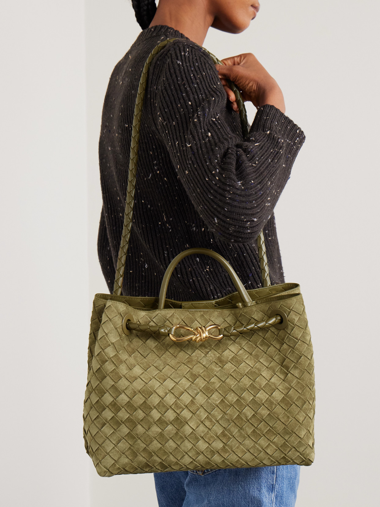 Andiamo Medium Leather-Trimmed Intrecciato Suede Tote