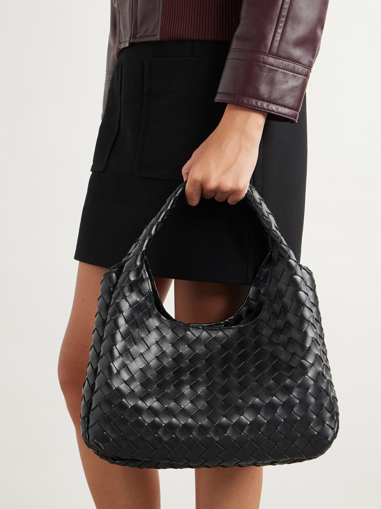Bottega Veneta Campana Intrecciato Leather Shoulder Bag In Black