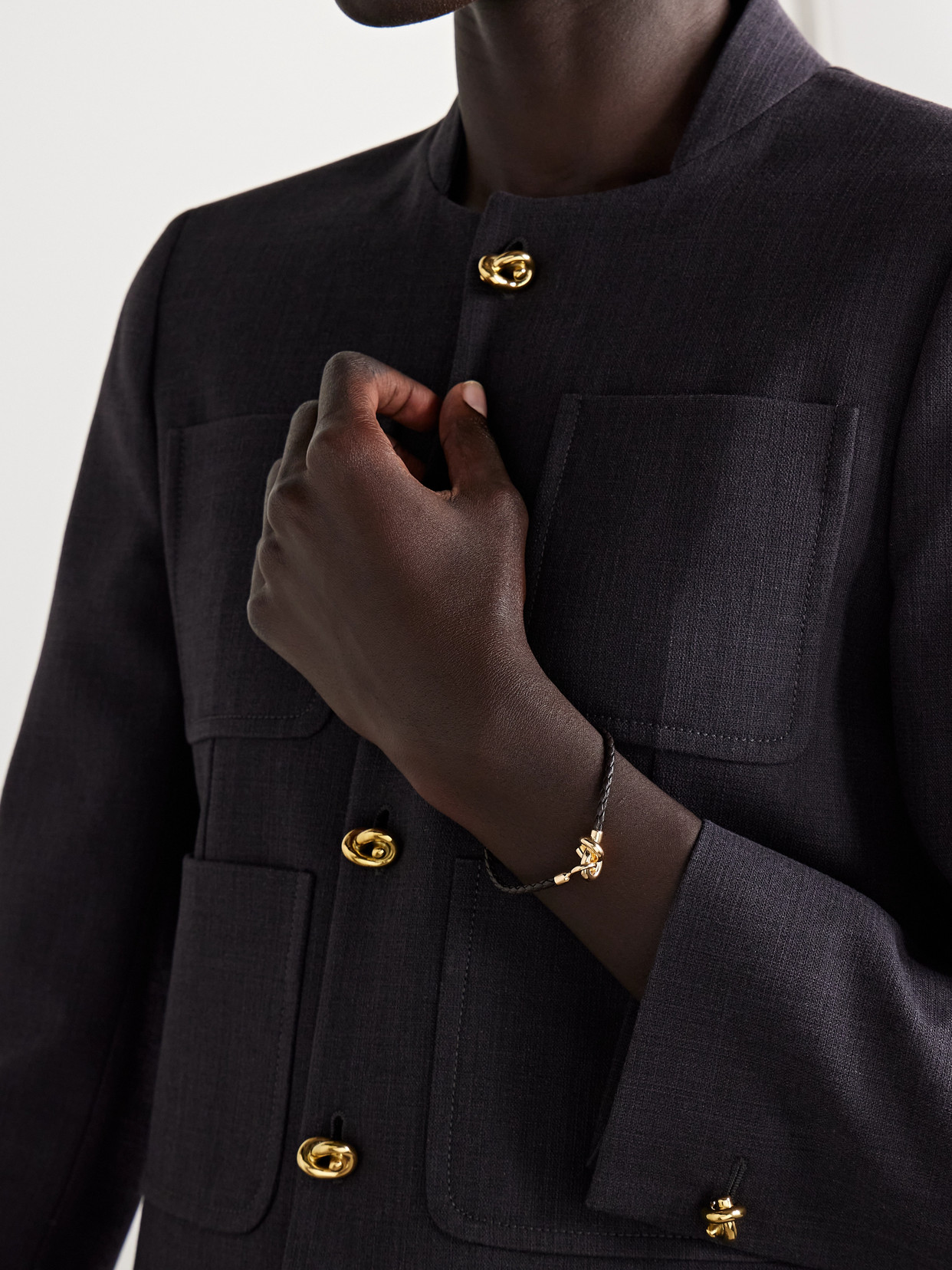 Bottega Veneta Knot Gold-plated And Intrecciato Leather Bracelet In Black