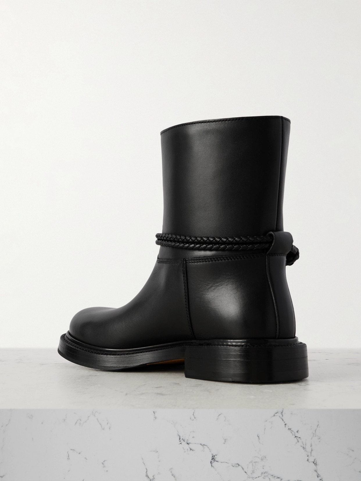 Bottega Veneta Women Black Ankle Boots With Metallic Detail On The Side And Applied Laces In Leather In Black
