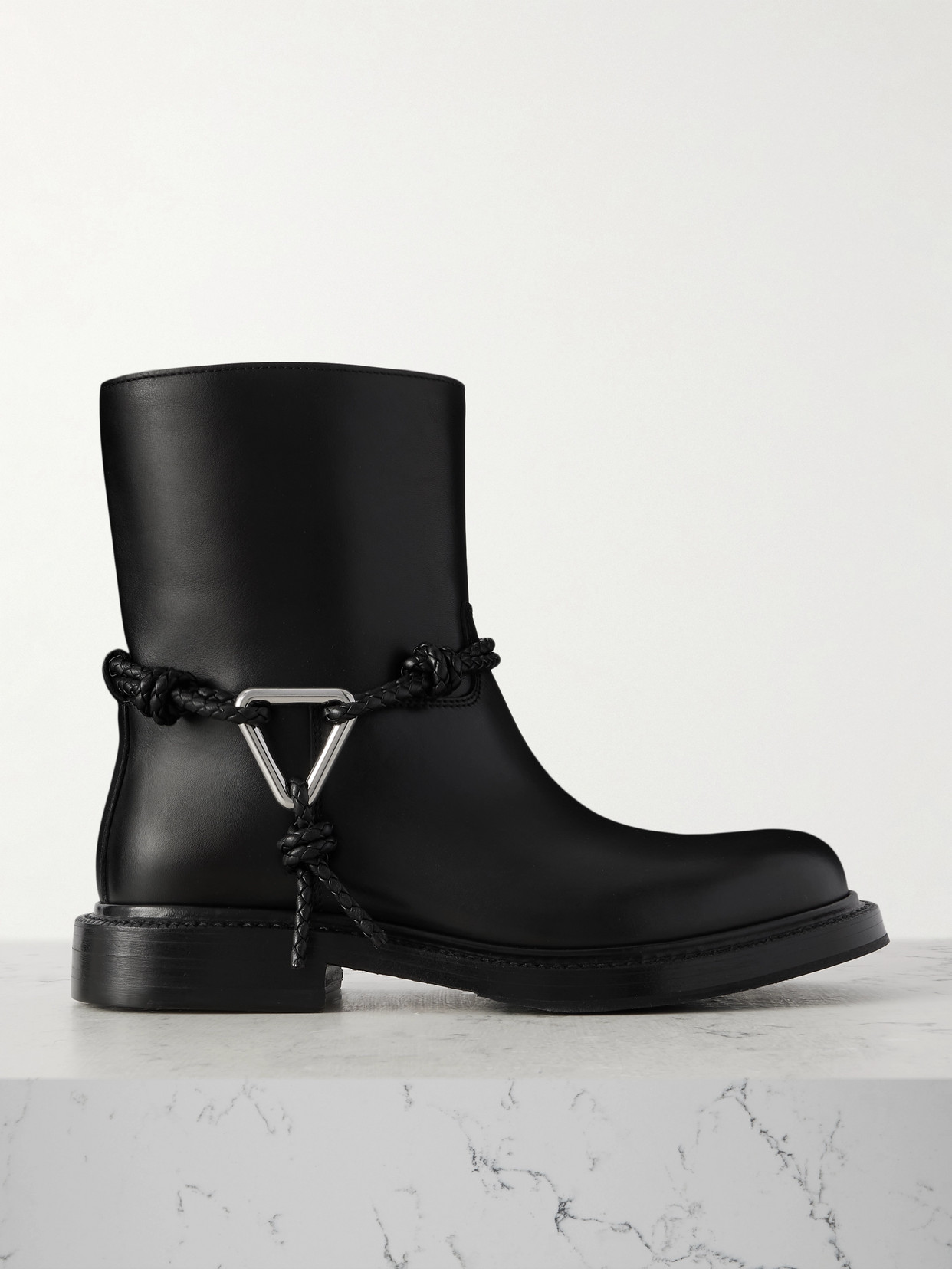 Bottega Veneta Women Black Ankle Boots With Metallic Detail On The Side And Applied Laces In Leather In Black