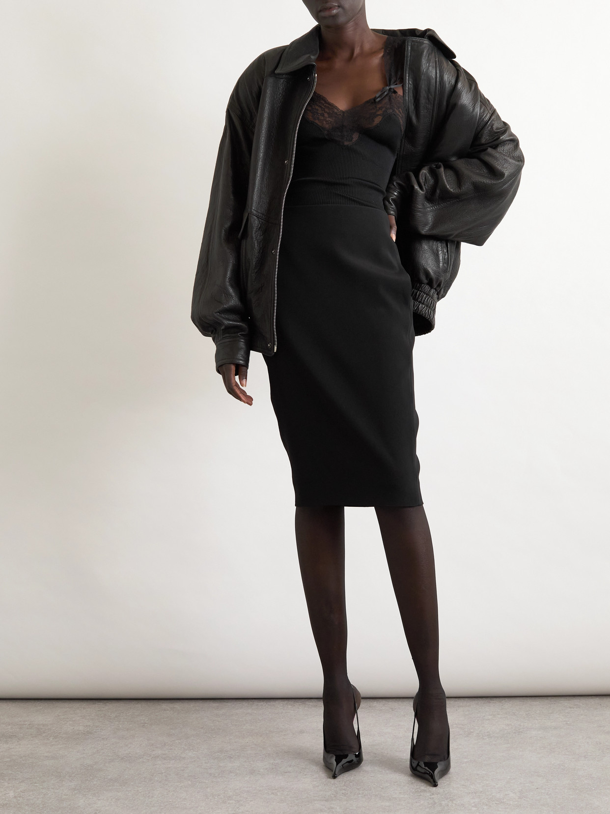 Saint Laurent High-waisted Wool Pencil Skirt With Ribbed Edges In Black