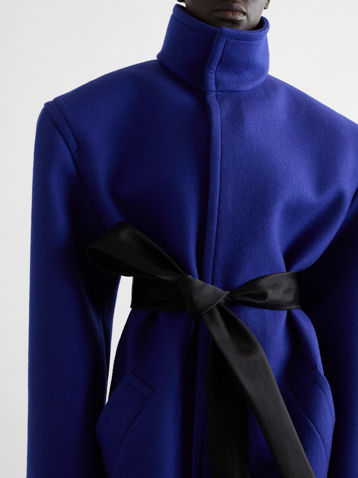 Saint Laurent Belted Silk-trimmed Wool Jacket In Blue