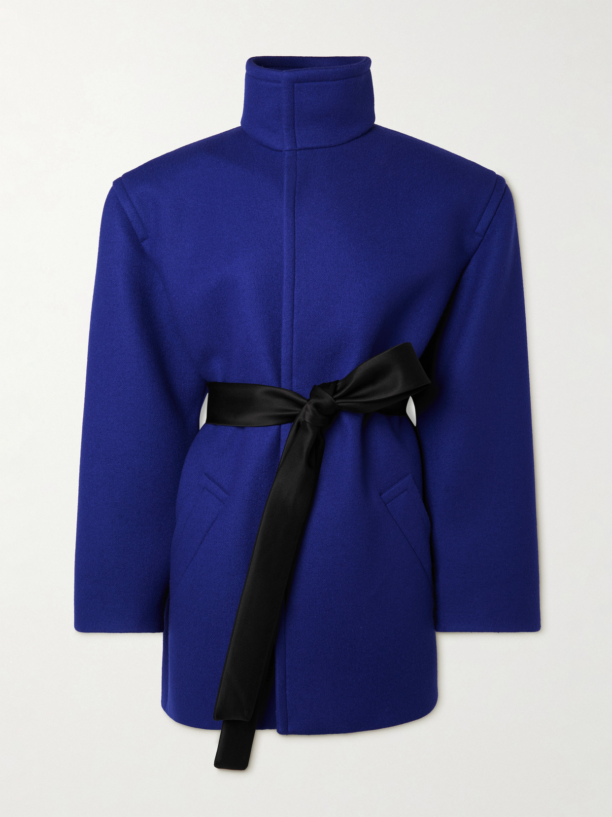 Saint Laurent Belted Silk-trimmed Wool Jacket In Blue