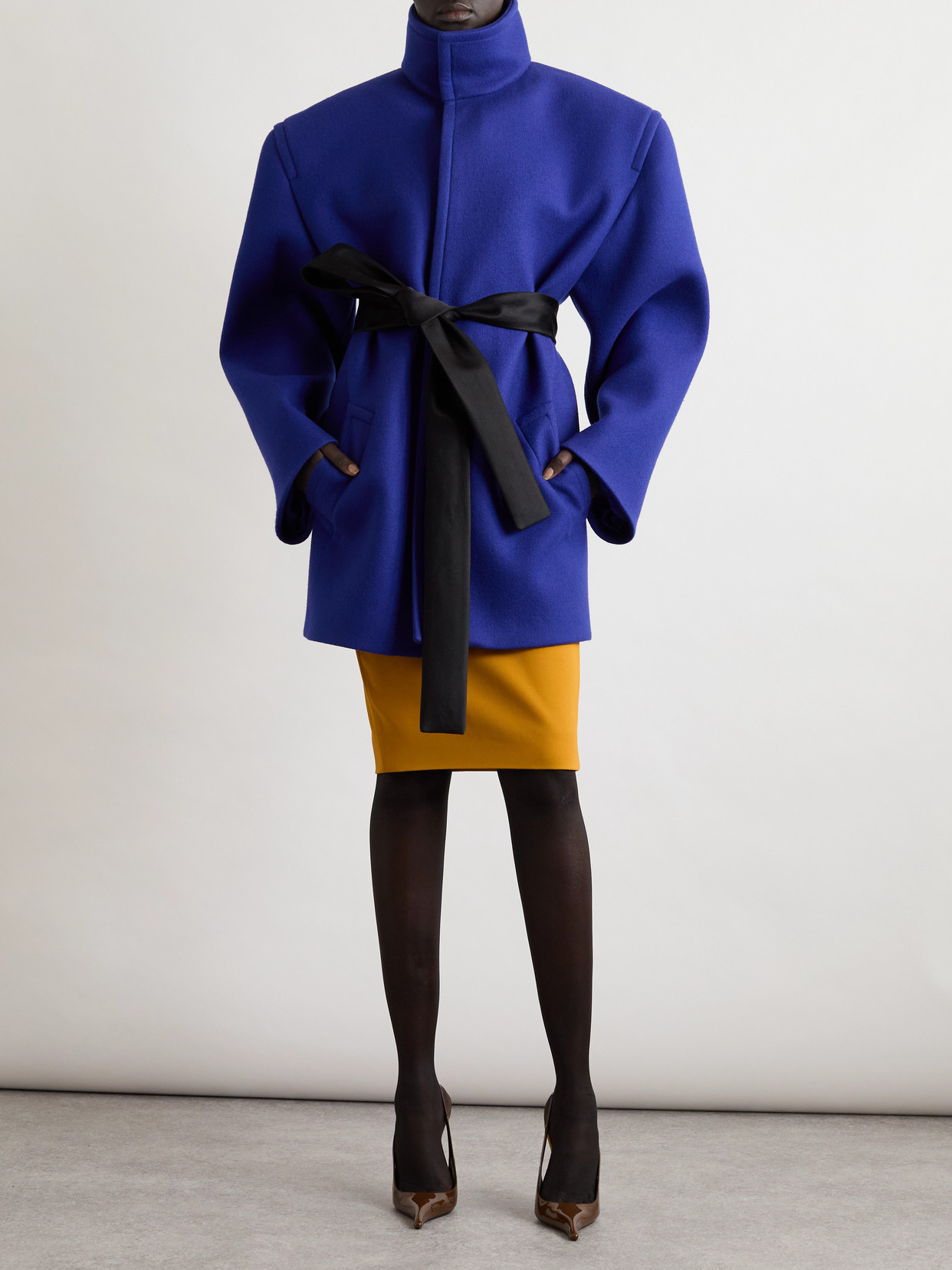 Saint Laurent Belted Silk-trimmed Wool Jacket In Blue