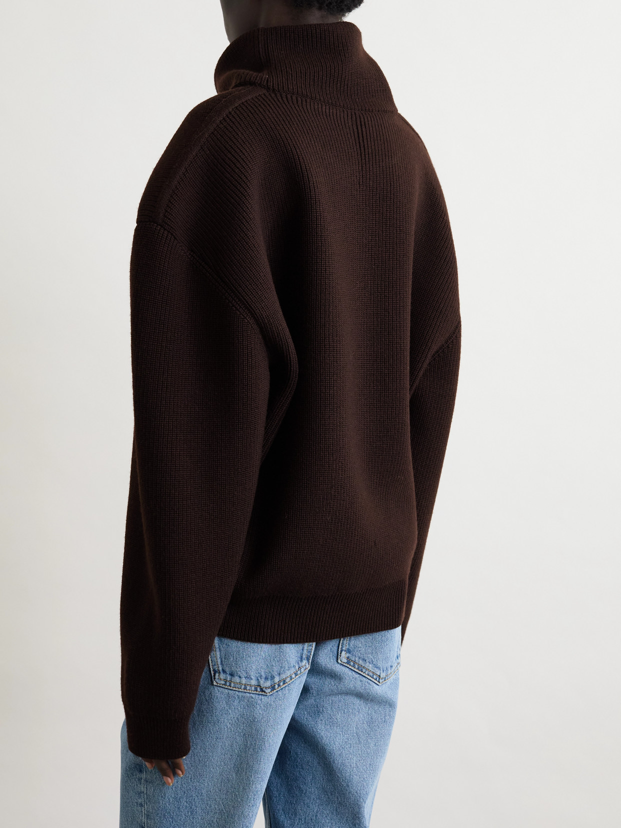 Saint Laurent Ribbed Wool Turtleneck Sweater In Brown