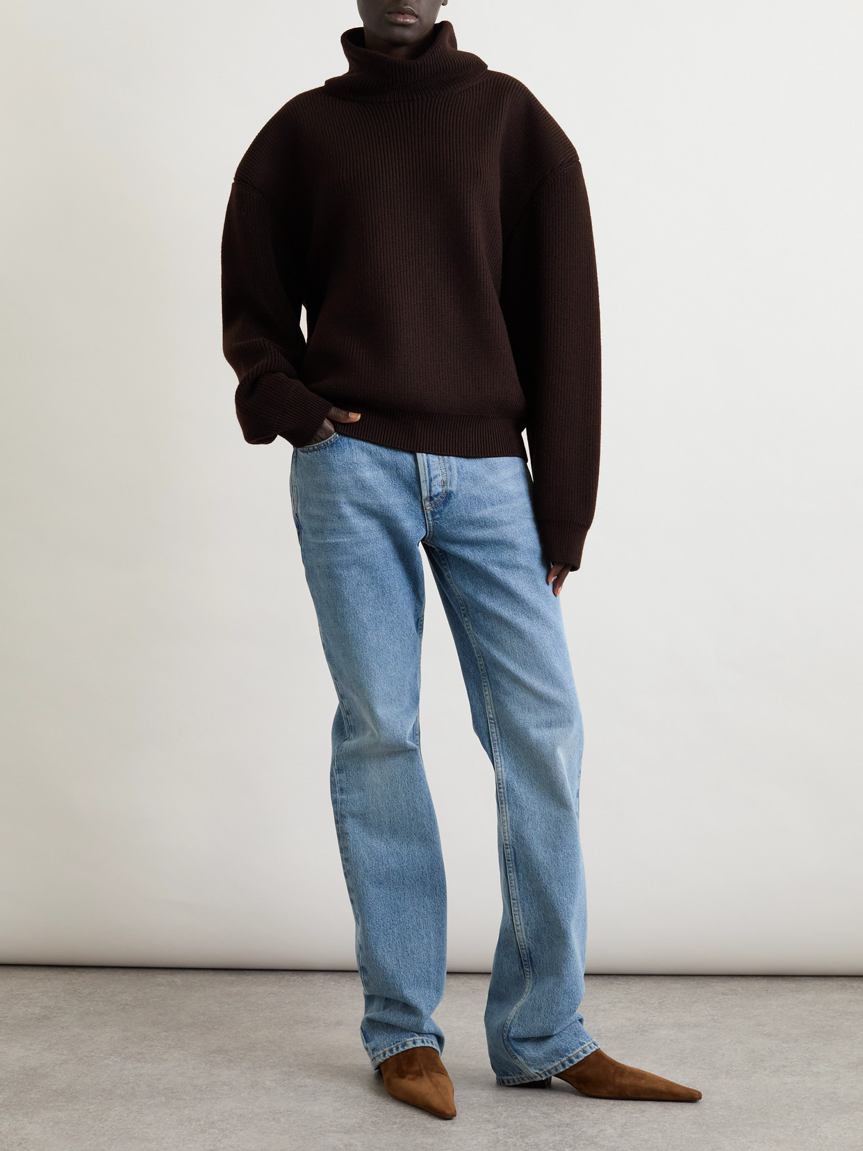 Saint Laurent Ribbed Wool Turtleneck Sweater In Brown