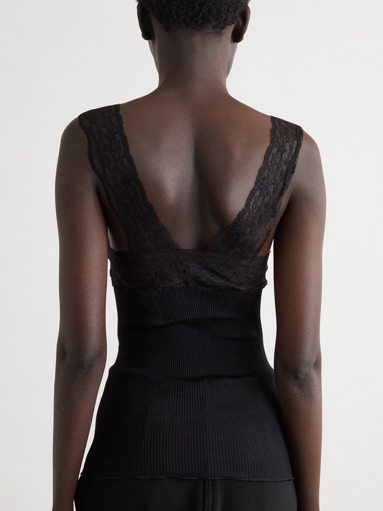 Saint Laurent Lace-trimmed Ribbed Silk Tank In Black
