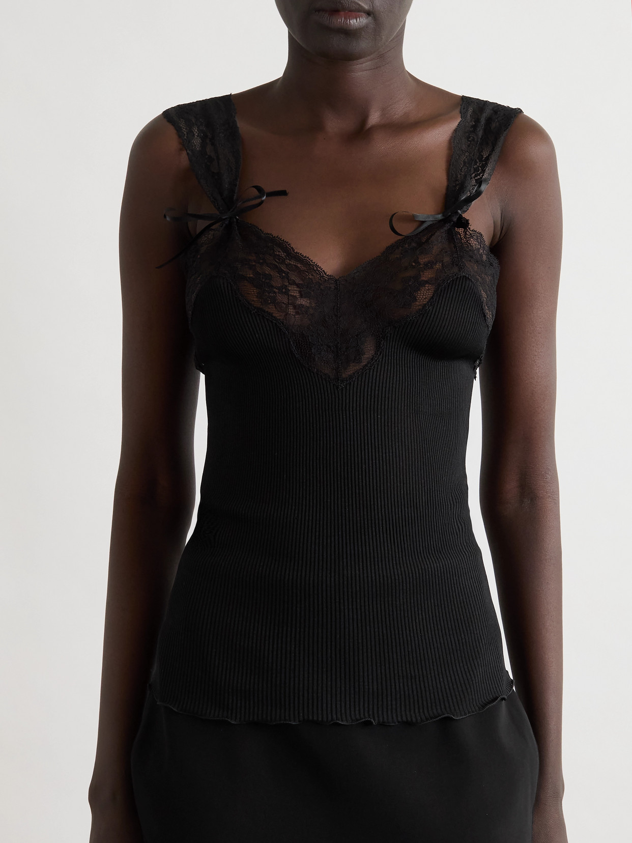 Saint Laurent Lace-trimmed Ribbed Silk Tank In Black
