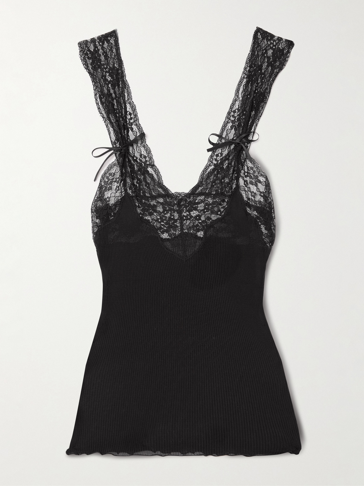 Saint Laurent Lace-trimmed Ribbed Silk Tank In Black
