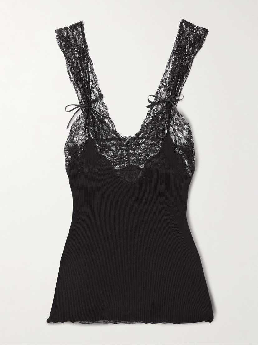 Saint Laurent Lace-trimmed Ribbed Silk Tank