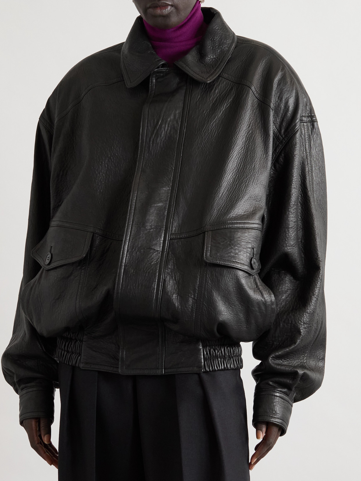 Saint Laurent Textured-leather Bomber Jacket In Black