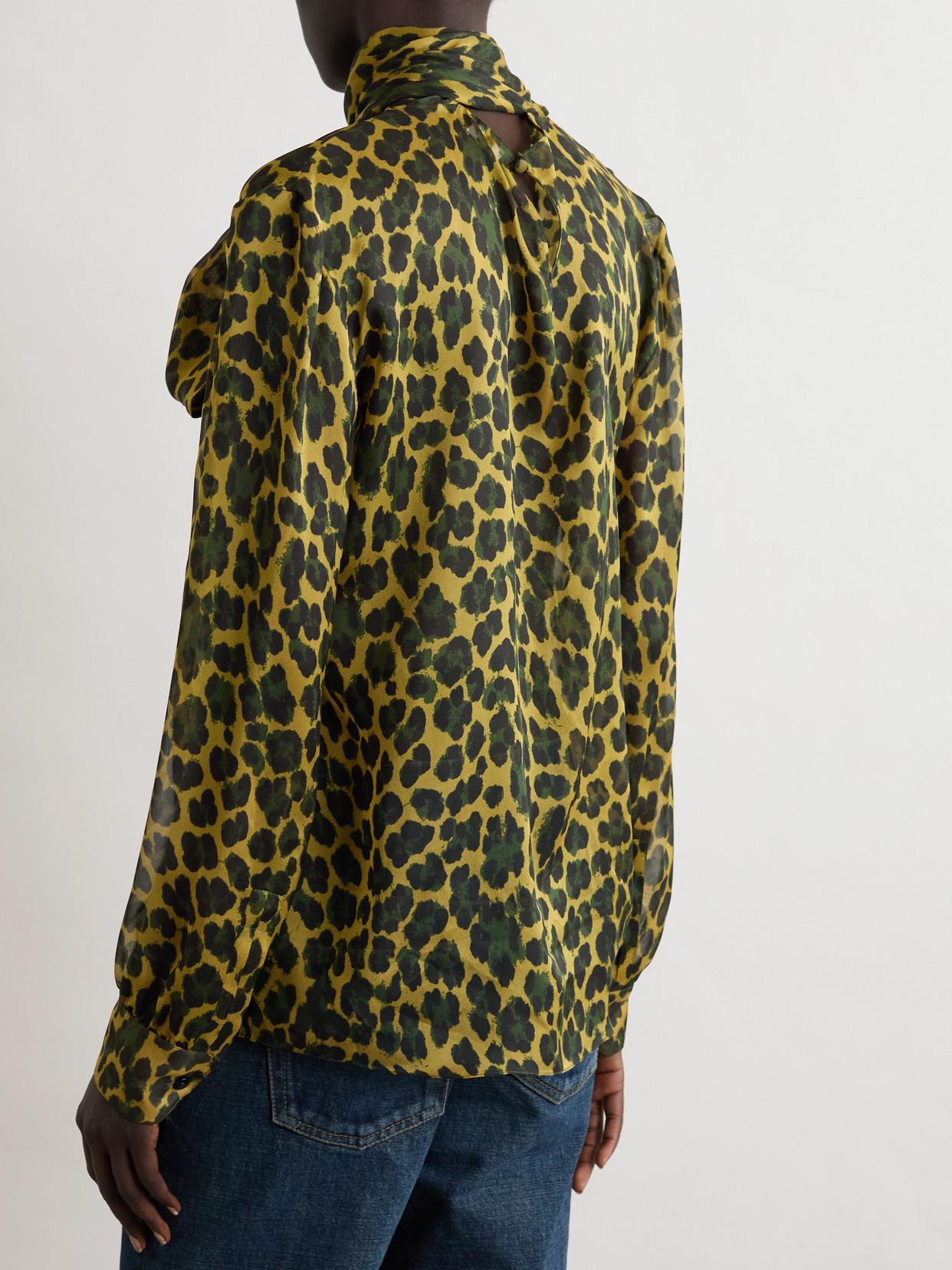 Saint Laurent Pussy-bow Leopard-print Silk-mousseline Blouse In Multi