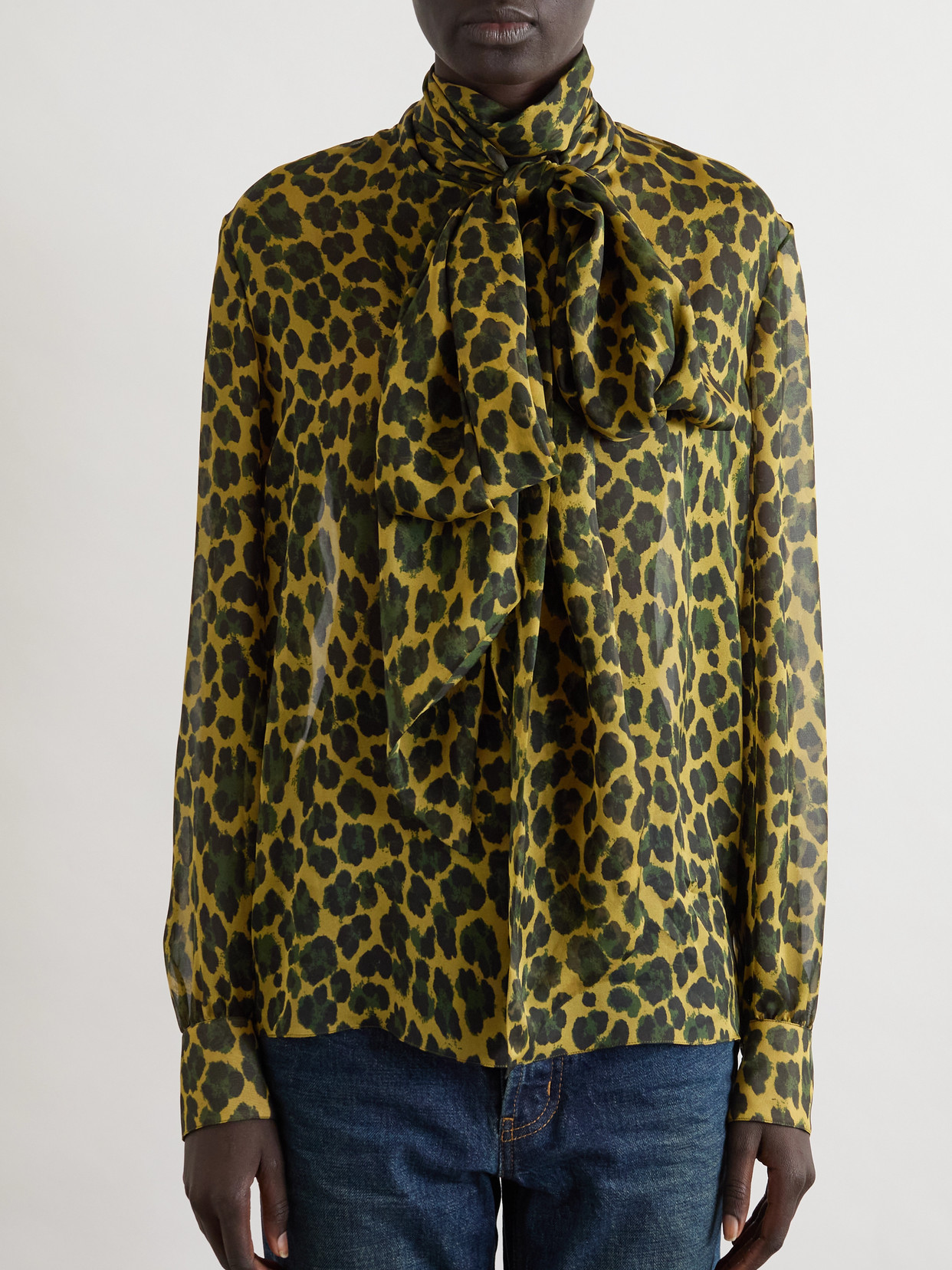 Saint Laurent Pussy-bow Leopard-print Silk-mousseline Blouse In Multi