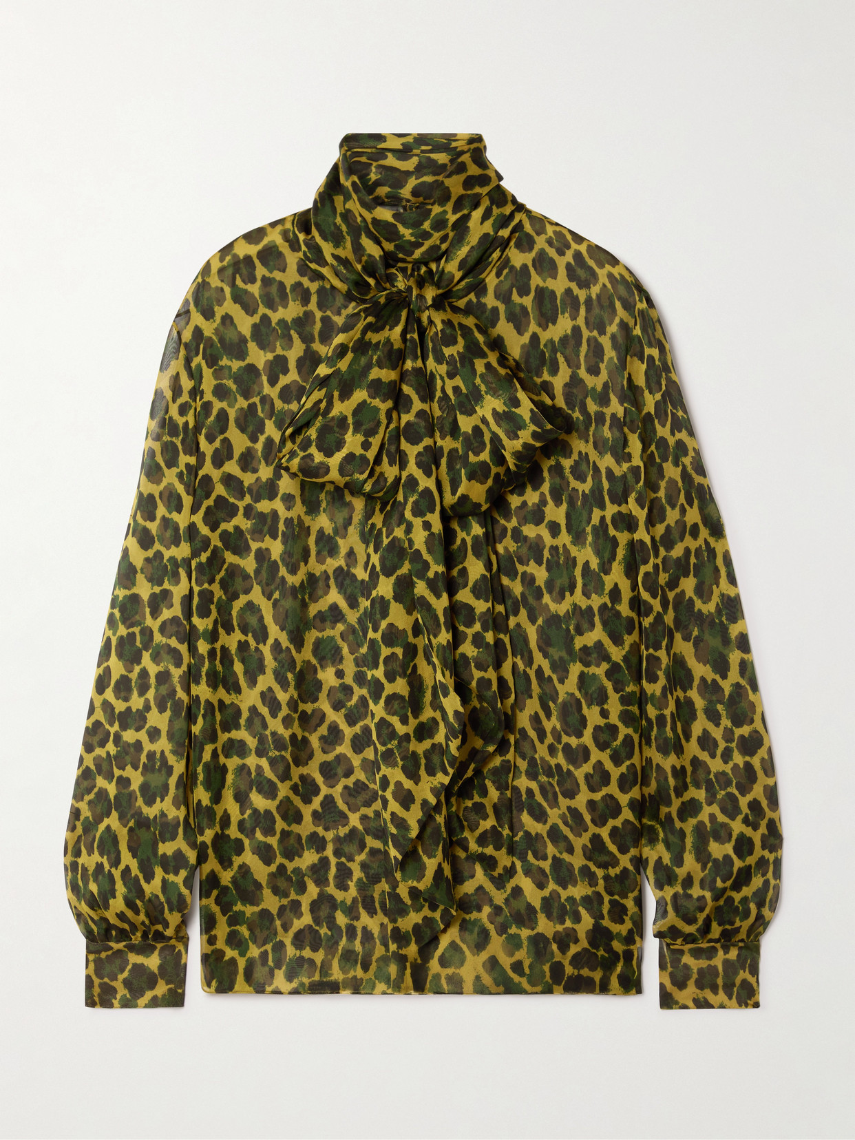Saint Laurent Pussy-bow Leopard-print Silk-mousseline Blouse In Multi