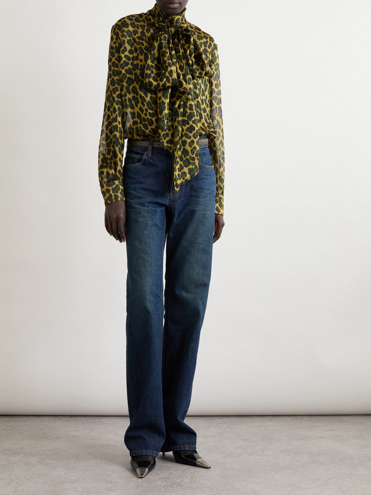Saint Laurent Pussy-bow Leopard-print Silk-mousseline Blouse In Multi