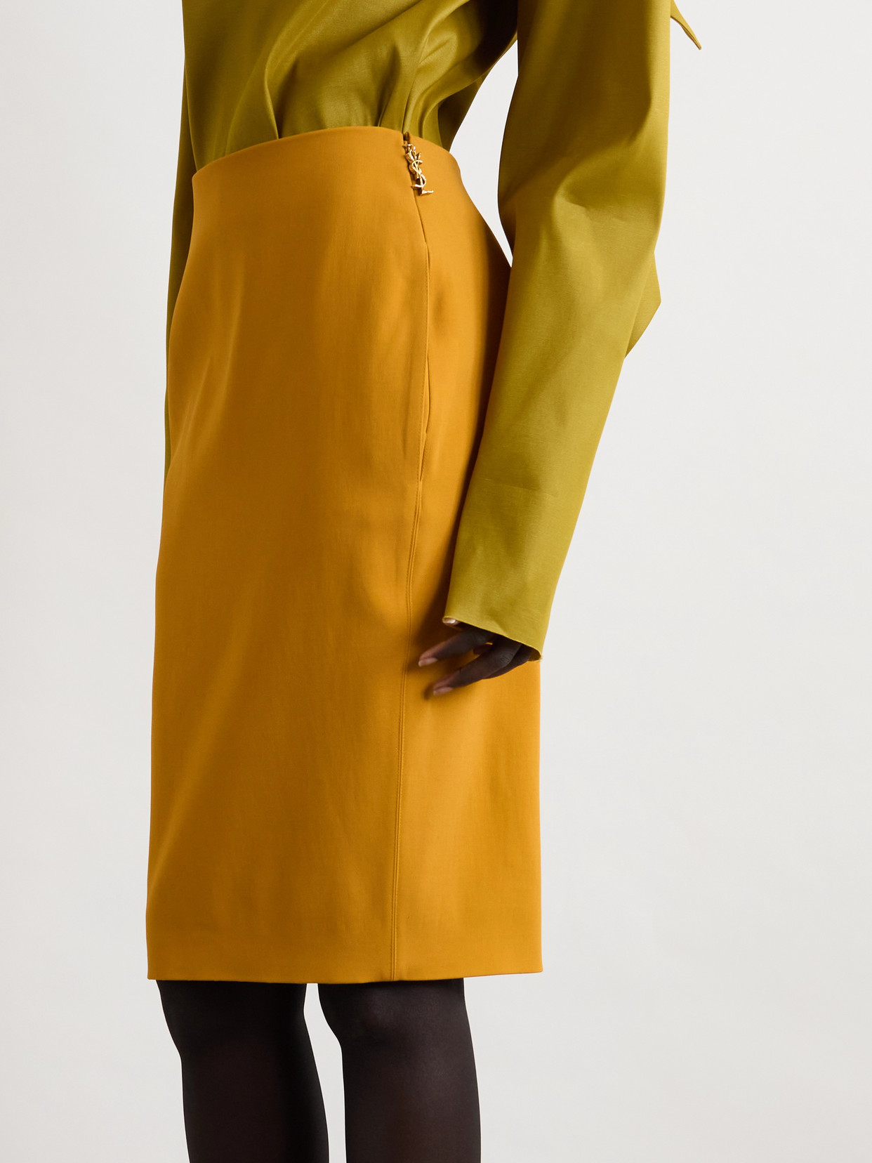Saint Laurent Pencil Skirt In Satin In Orange