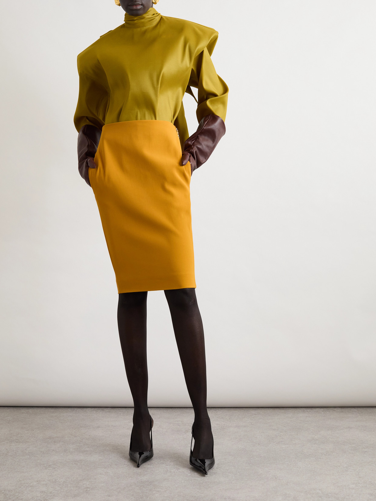 Saint Laurent Pencil Skirt In Satin In Orange
