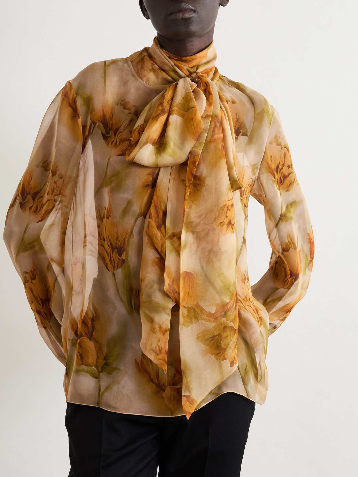 Saint Laurent Pussy-bow Floral-print Silk-mousseline Blouse In Brown
