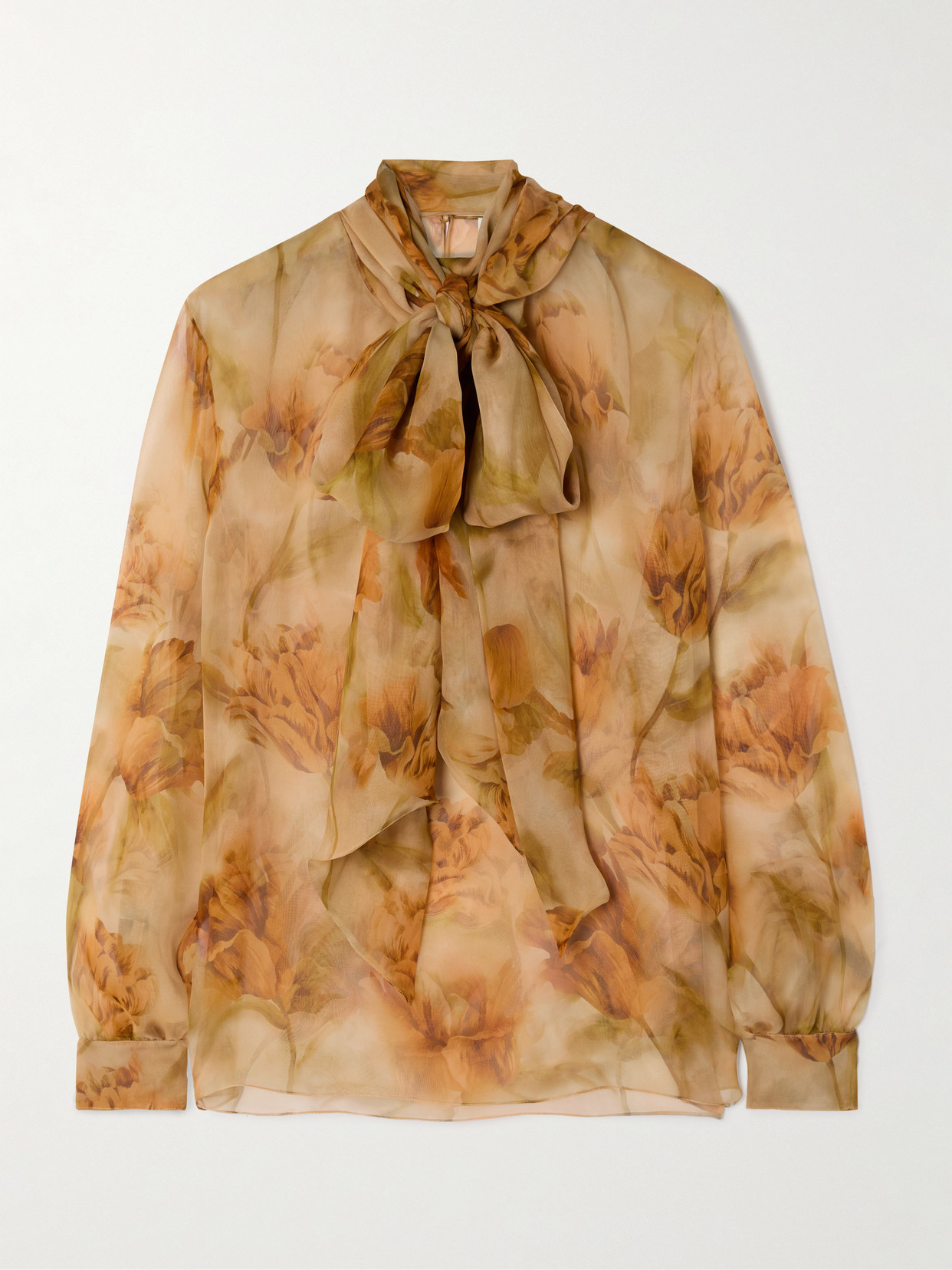 Saint Laurent Pussy-bow Floral-print Silk-mousseline Blouse In Brown