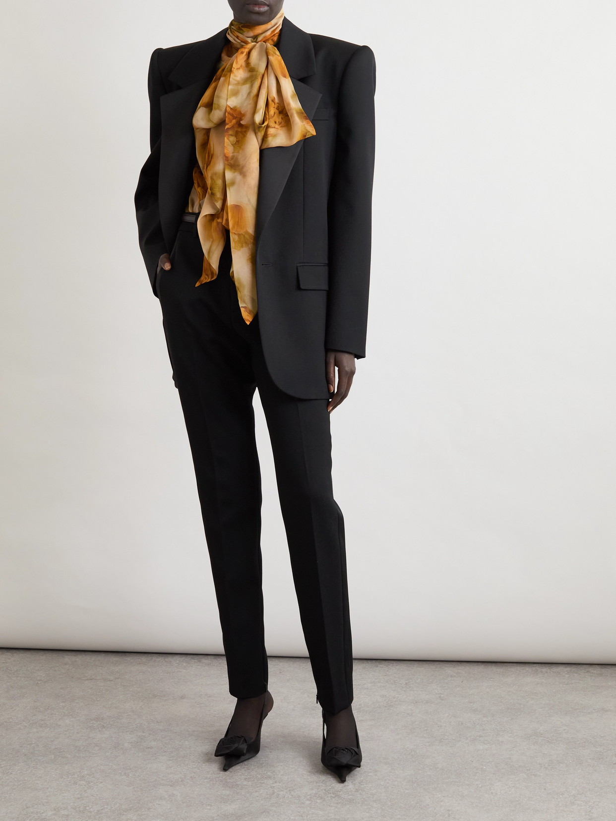 Saint Laurent Pussy-bow Floral-print Silk-mousseline Blouse In Brown