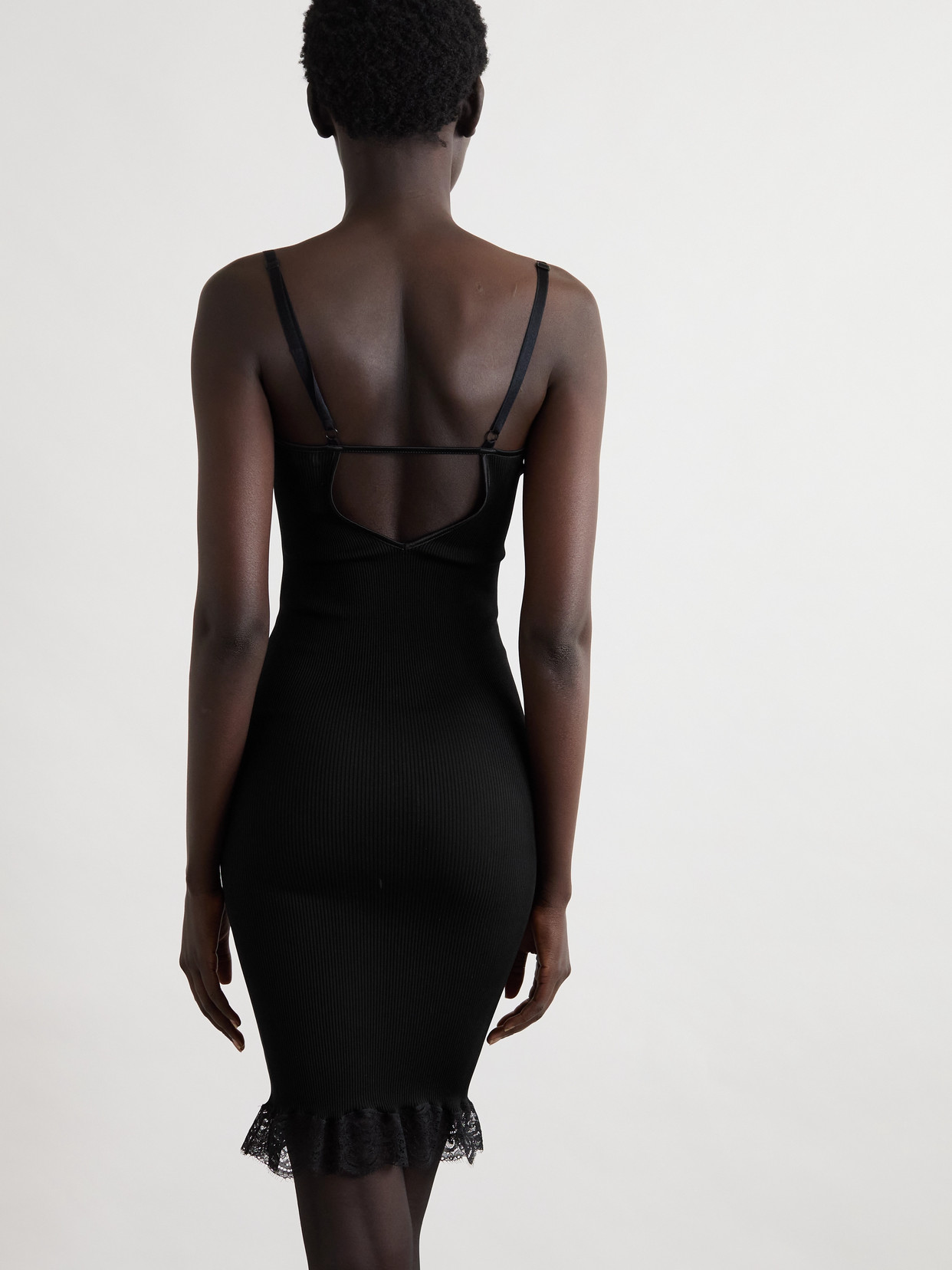 Saint Laurent Lace-trimmed Ribbed Silk-jersey Mini Dress In Black
