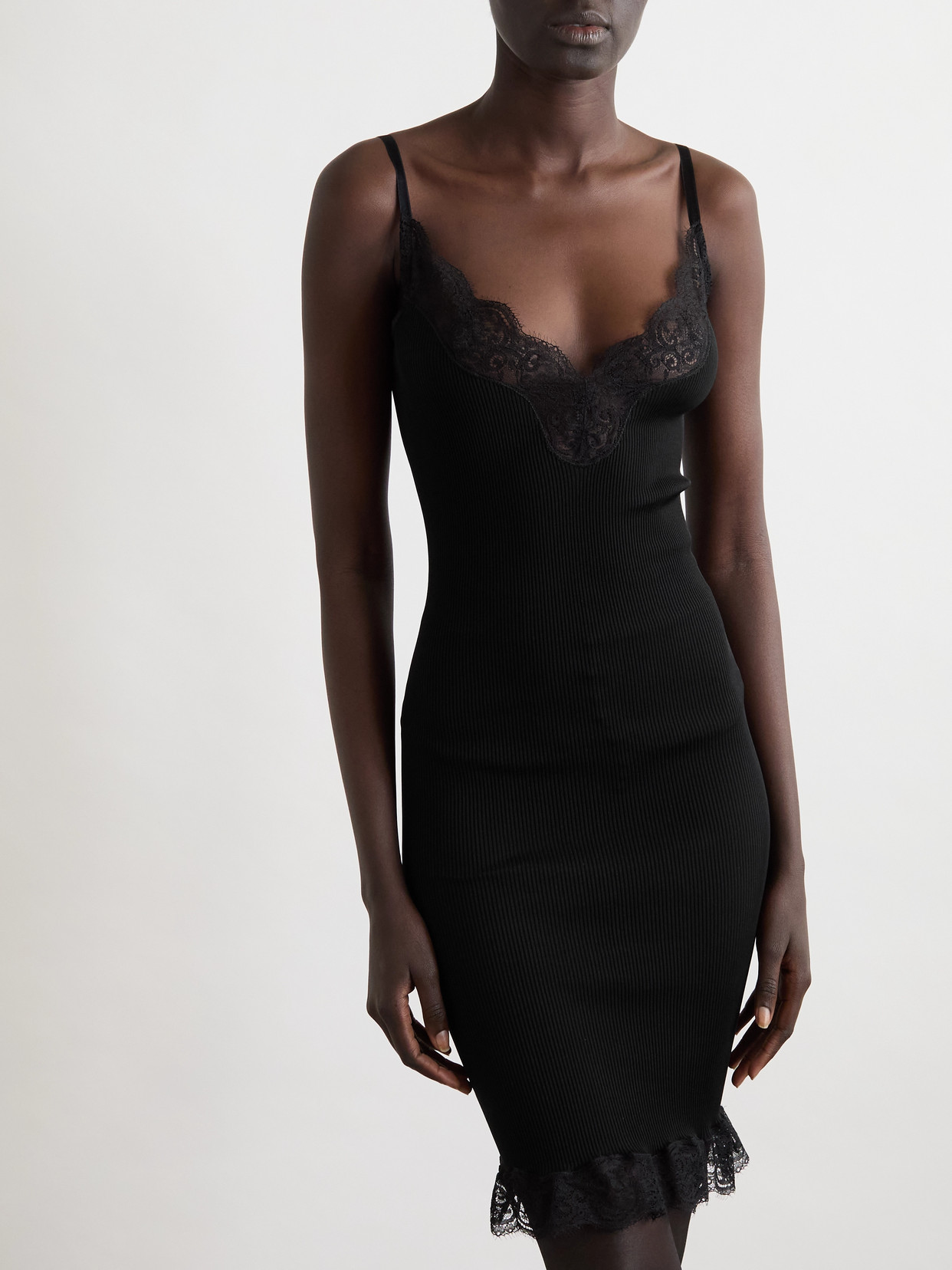 Saint Laurent Lace-trimmed Ribbed Silk-jersey Mini Dress In Black