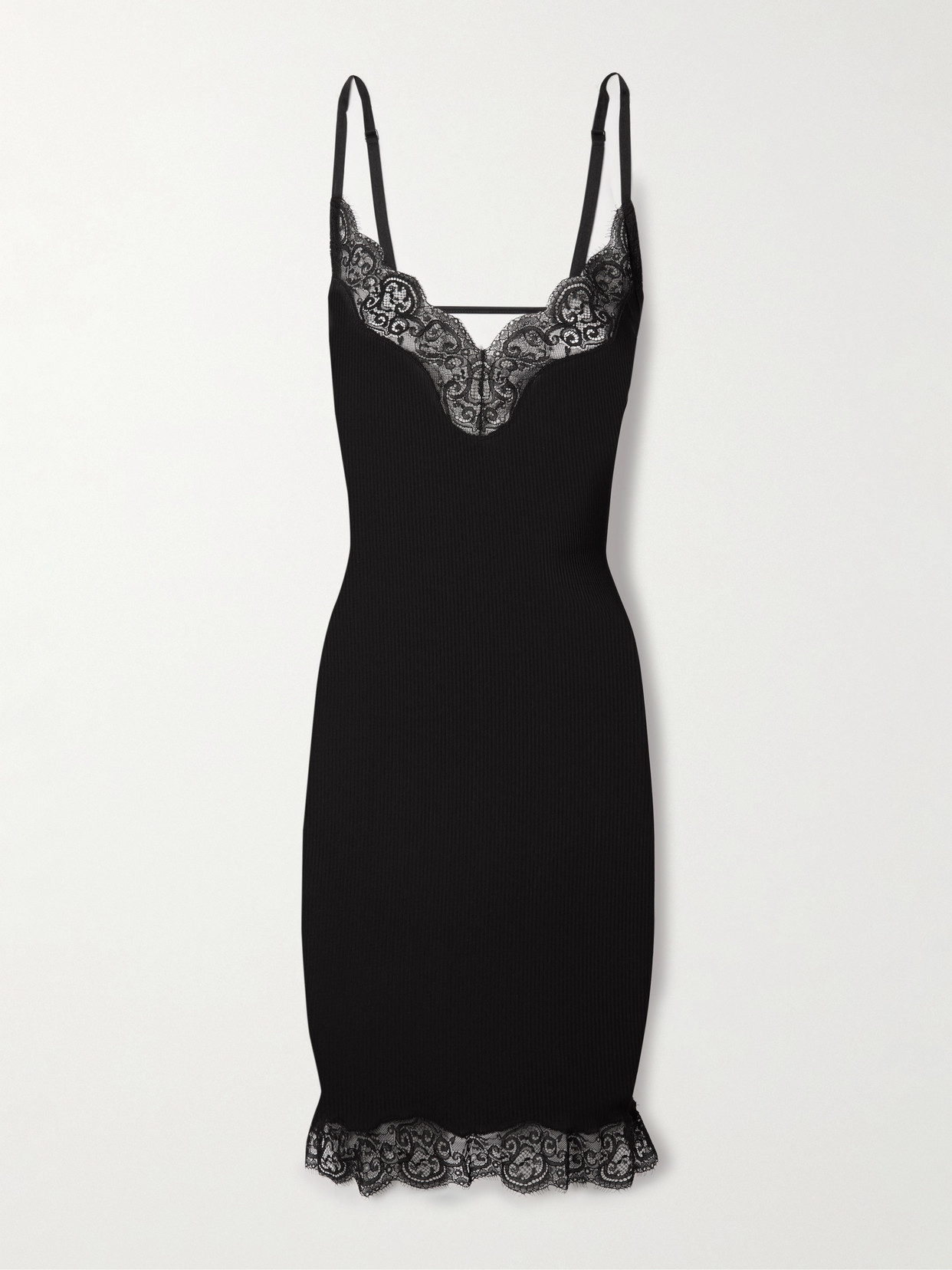 Saint Laurent Lace-trimmed Ribbed Silk-jersey Mini Dress In Black
