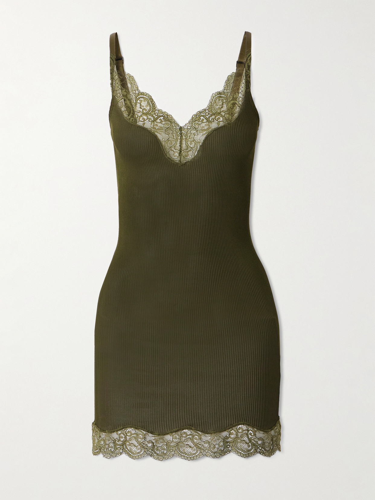Saint Laurent Lace-trimmed Ribbed Silk-jersey Mini Dress In Green
