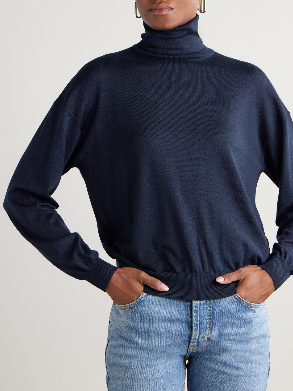 Saint Laurent Wool, Cashmere And Silk-blend Turtleneck Sweater In Blue