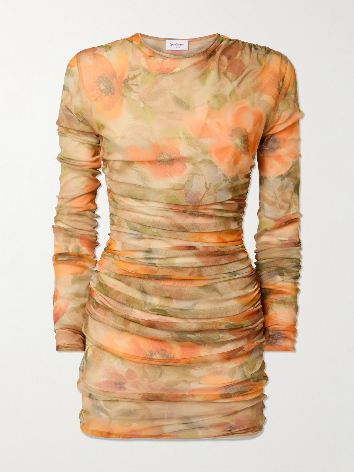 Saint Laurent Ruched Floral-print Tulle Mini Dress In Orange