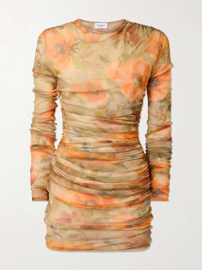 Ruched Floral-print Tulle Mini Dress