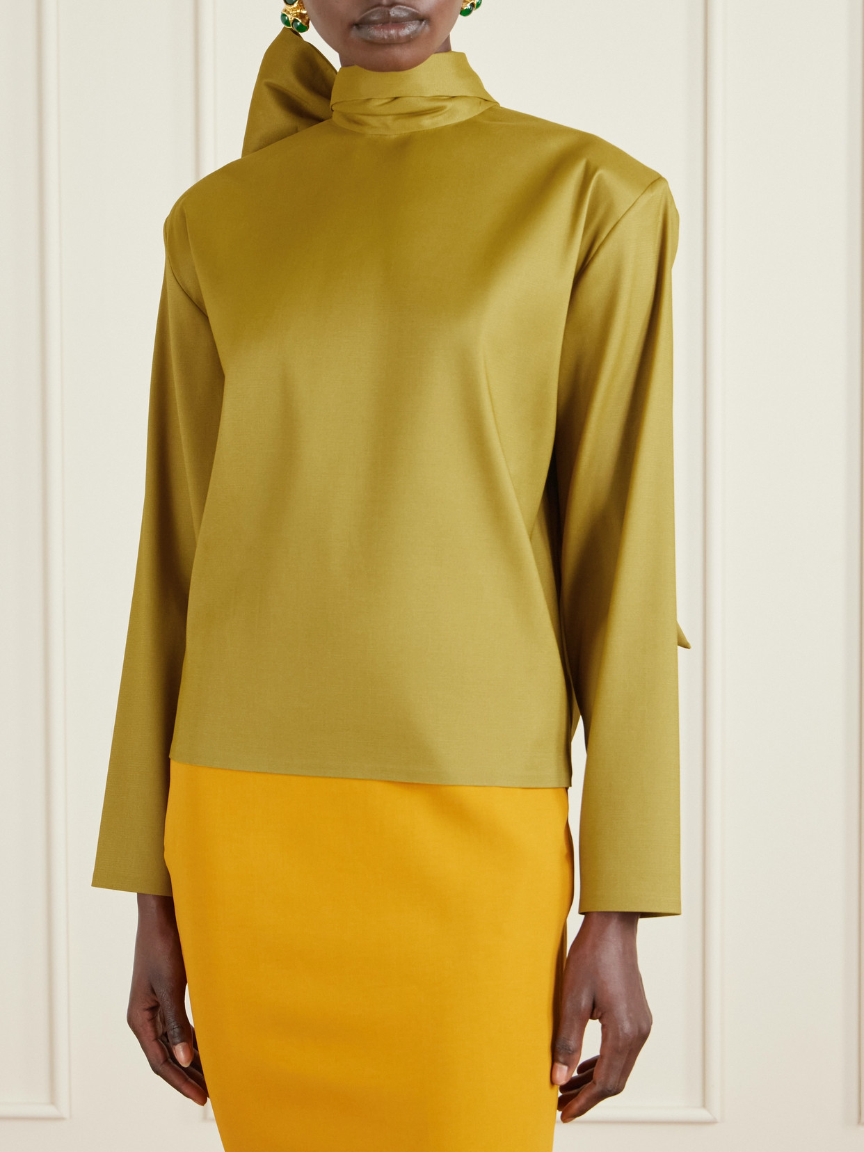 Saint Laurent Scarf-detailed Silk-blend Organza Blouse In Green